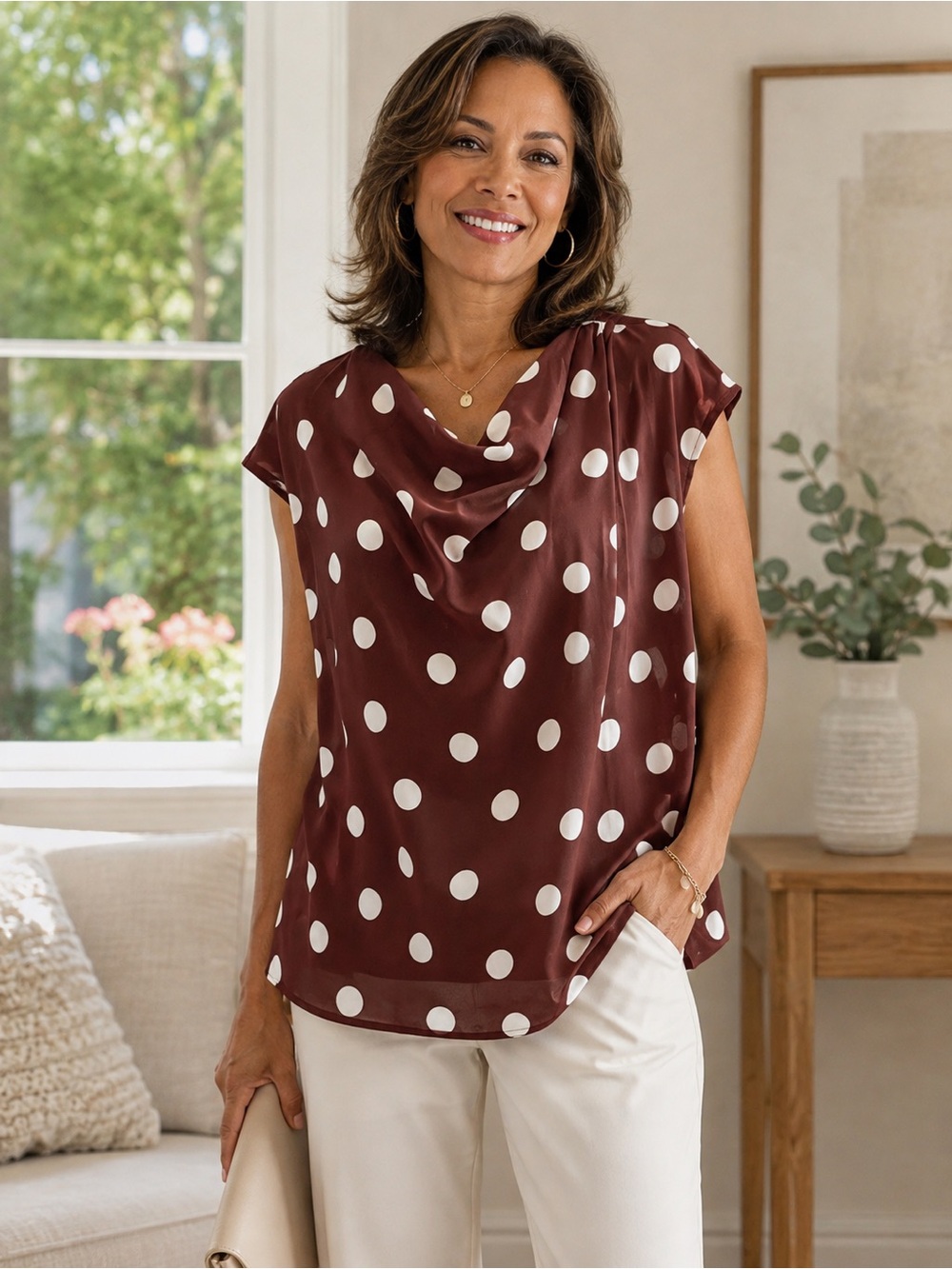 Ann Taylor Brown Polka Dot Cowl Neck Blouse